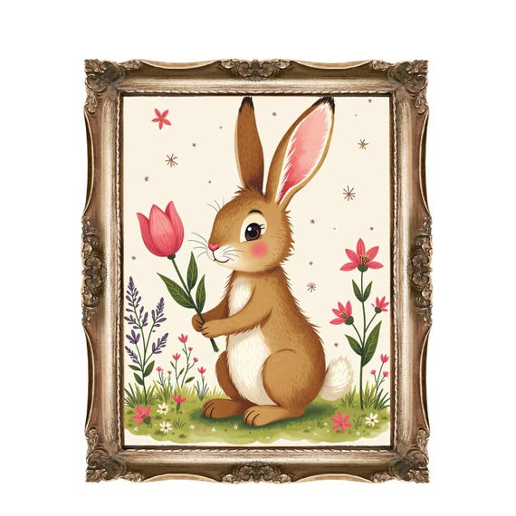 Bunny Wall Art For Kids Nursery Decor Easter Cute Rabbit Childrens Room Flower Print