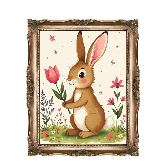 Cute Bunny Holding Pink Tulip Floral Nursery Kids Room Poster