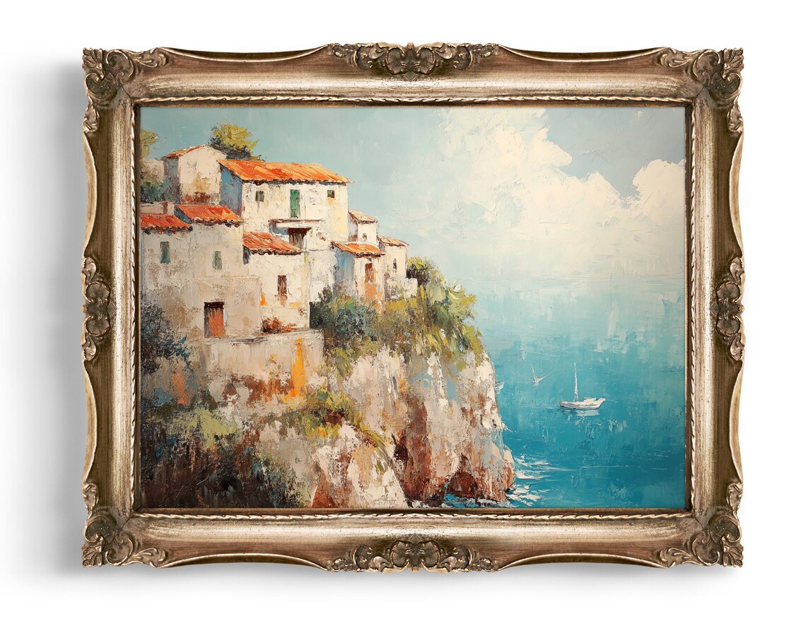 Italian Coastal Village Cliffside Ocean View Oil Painting Poster