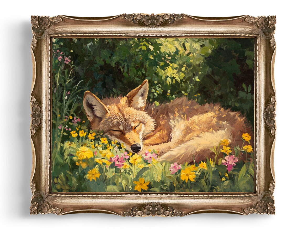 Sleeping Red Fox in Wildflower Meadow Vintage Woodland Art Poster