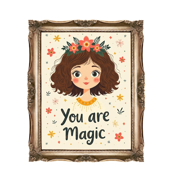 You Are Magic Girl Portrait Flower Crown Affirmation Wall Art