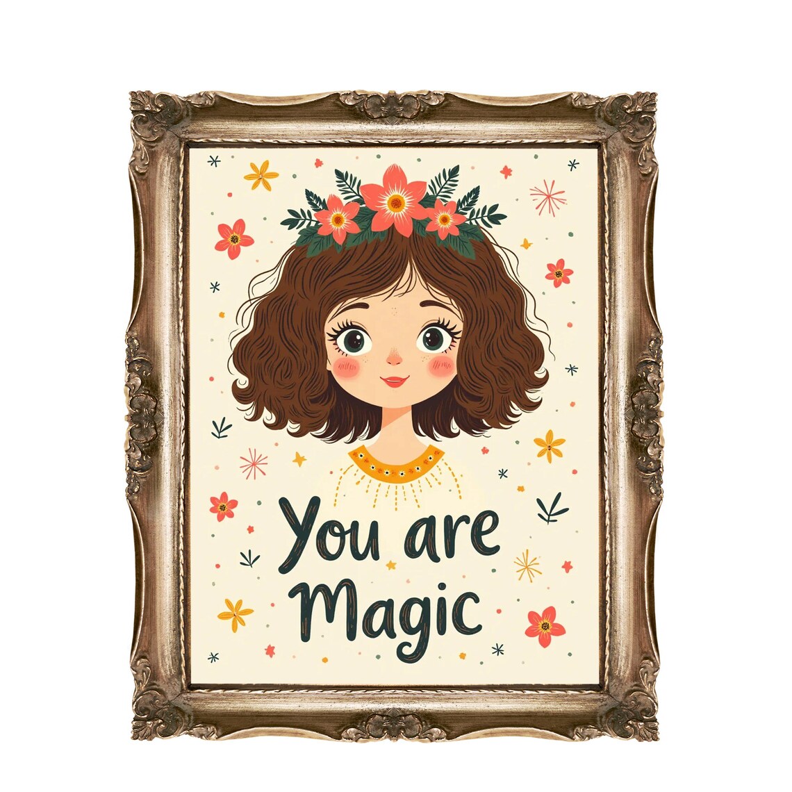 You Are Magic Girl Portrait Flower Crown Affirmation Wall Art