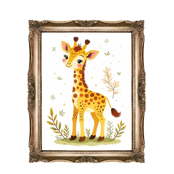 Cute Smiling Baby Giraffe Watercolor Nursery Kids Room Wall Art