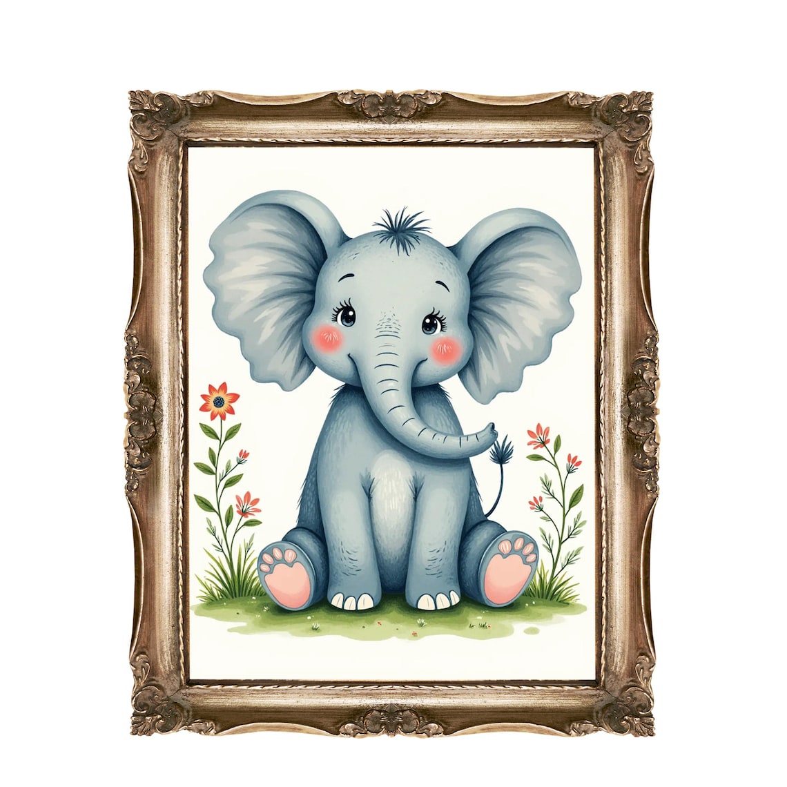 Cute Baby Elephant With Flowers Nursery Kids Room Decor Poster