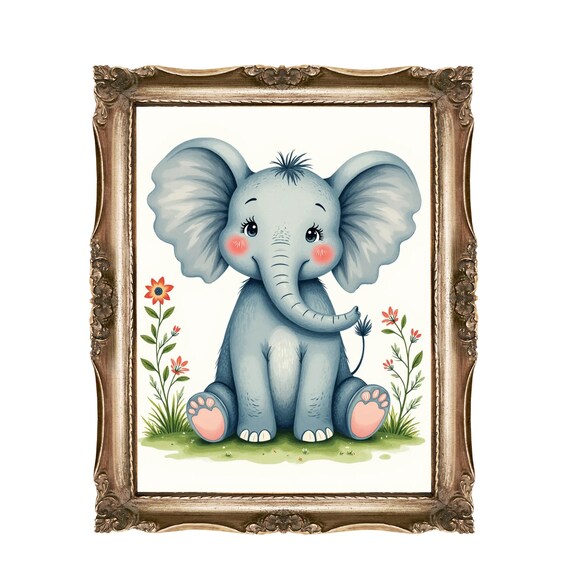 Cute Baby Elephant With Flowers Nursery Kids Room Decor Poster