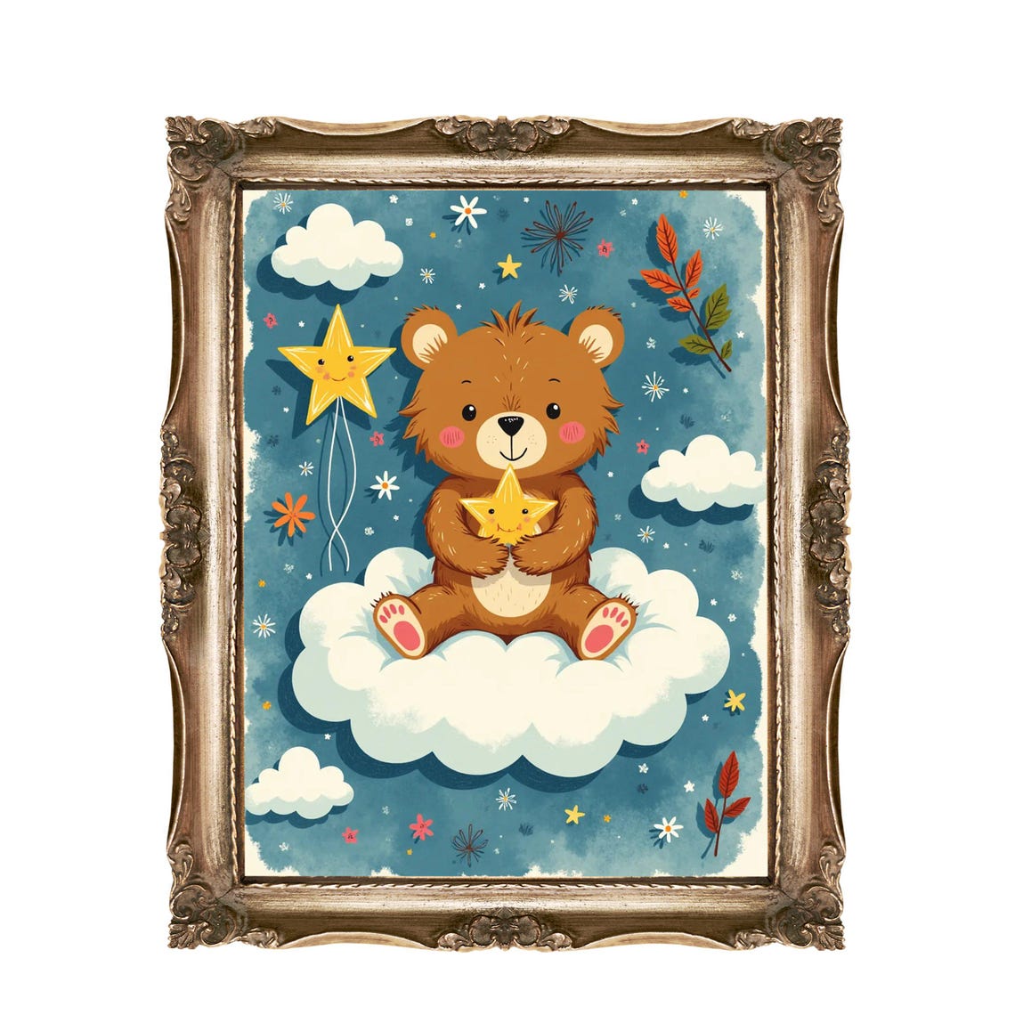 Cuddly Teddy Bear On Cloud With Stars Dreamy Nursery Wall Art