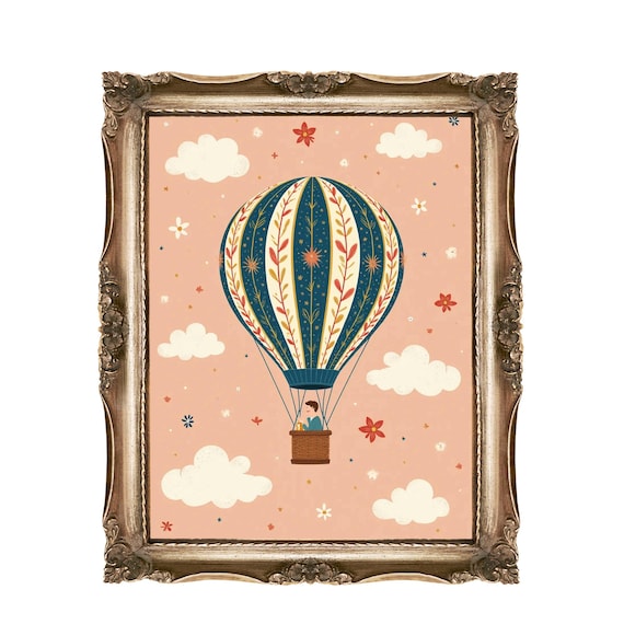 Hot Air Balloon Nursery Whimsical Cloud Adventure Kids Room Print