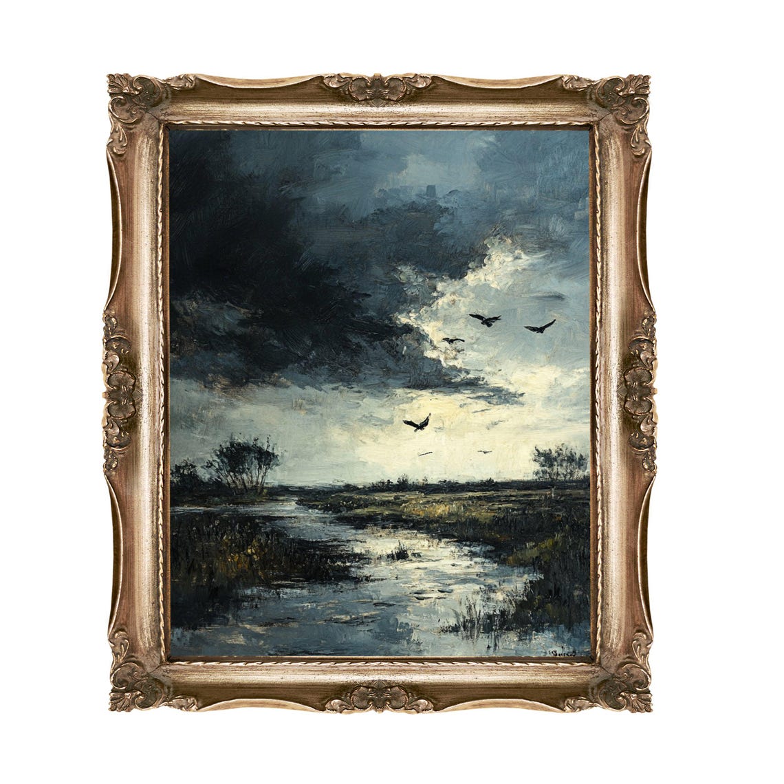 Birds over a Stormy Marsh under Dark Brooding Clouds Art Poster