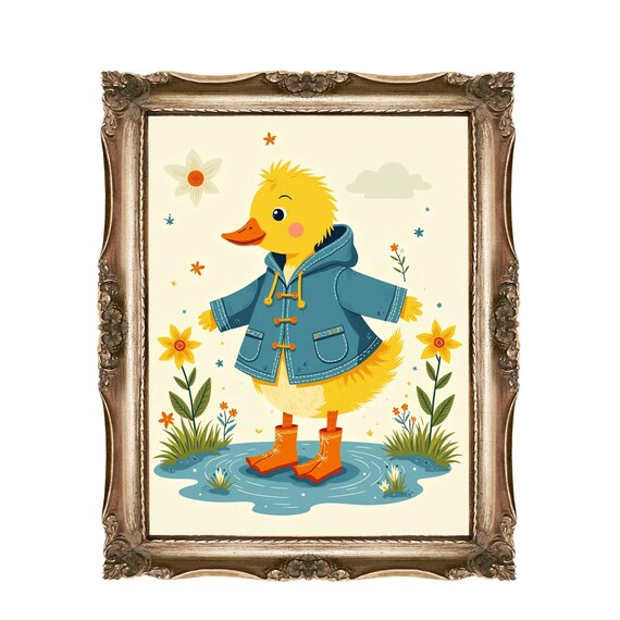 Cute Yellow Duckling in Blue Raincoat Puddle Boots Kids Wall Art