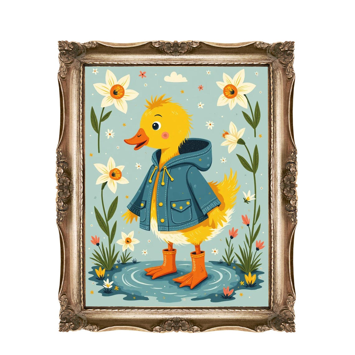 Yellow Duckling In Blue Raincoat Splashing In Puddle Wall Art