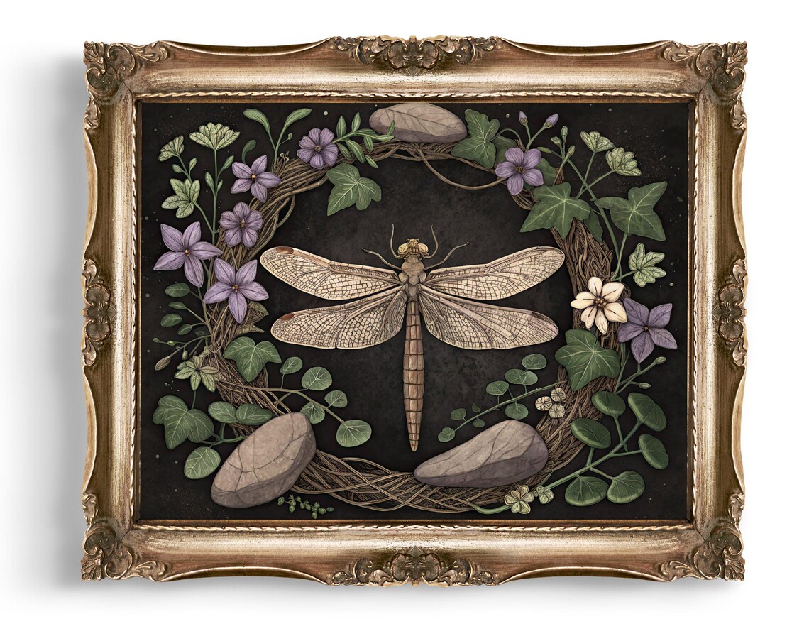 Dragonfly In Ivy Wreath Dark Botanical Floral Illustration Poster