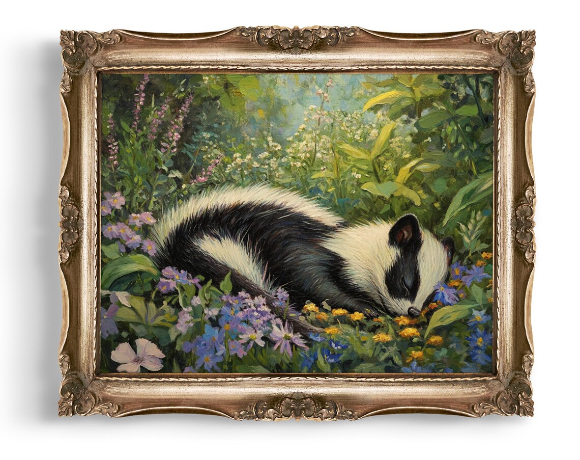Sleeping Badger Art Forest Animal Print Wildlife Wall Decor Floral Cute Painting Home