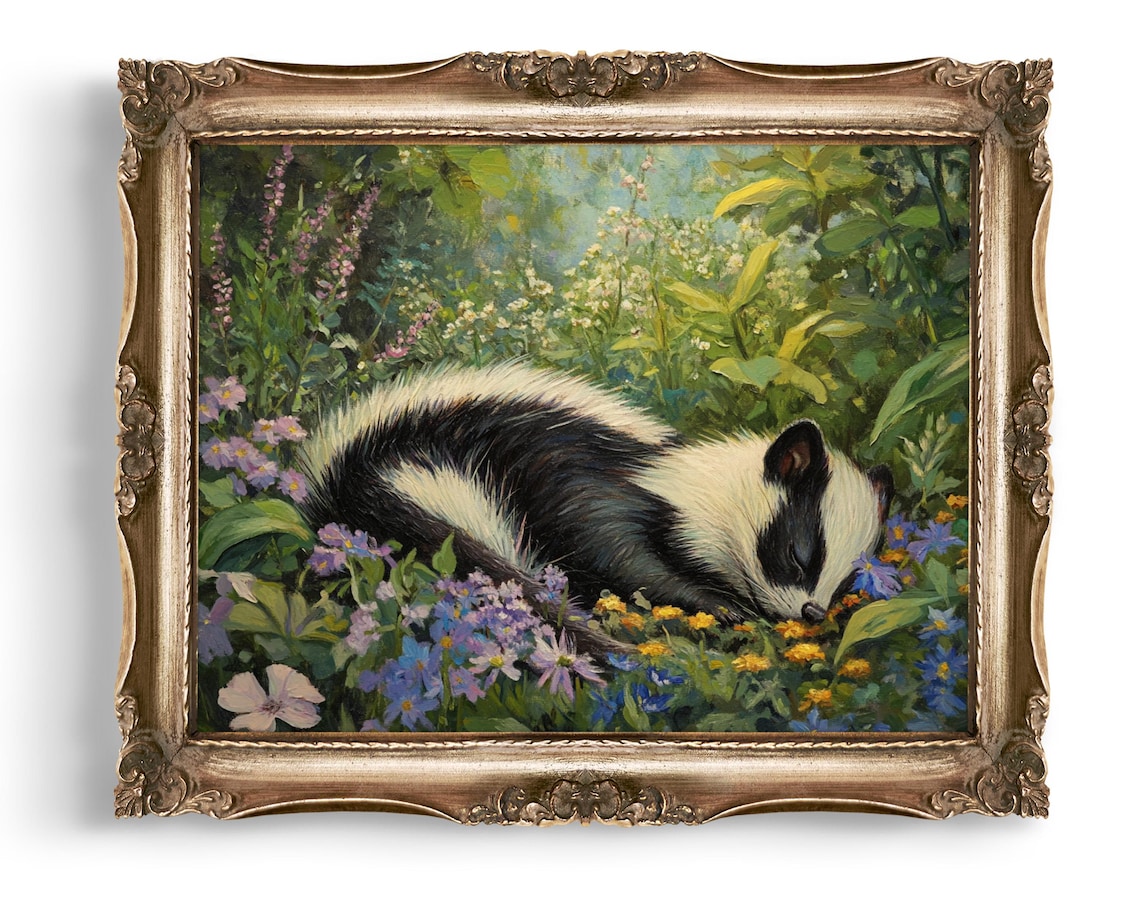 Sleeping Skunk in Blooming Wildflowers Vintage Nature Art Poster