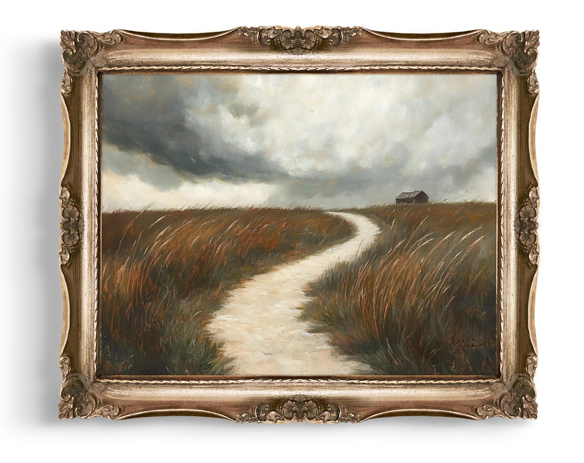 Barn On Hill Art Path To Print Landscape Wall Farmhouse Stormy Sky