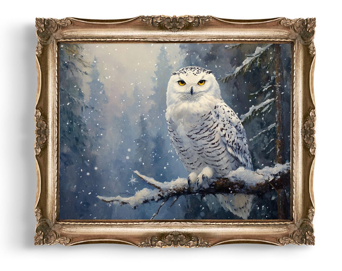 Snowy Owl Perched on a Snowy Branch in a Falling Snow Forest Poster