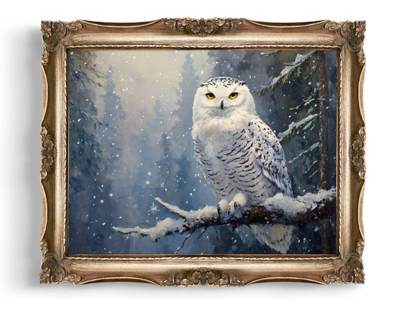 Snowy Owl Art Winter Scene Portrait Bird Wall Forest Home Decor Illustration