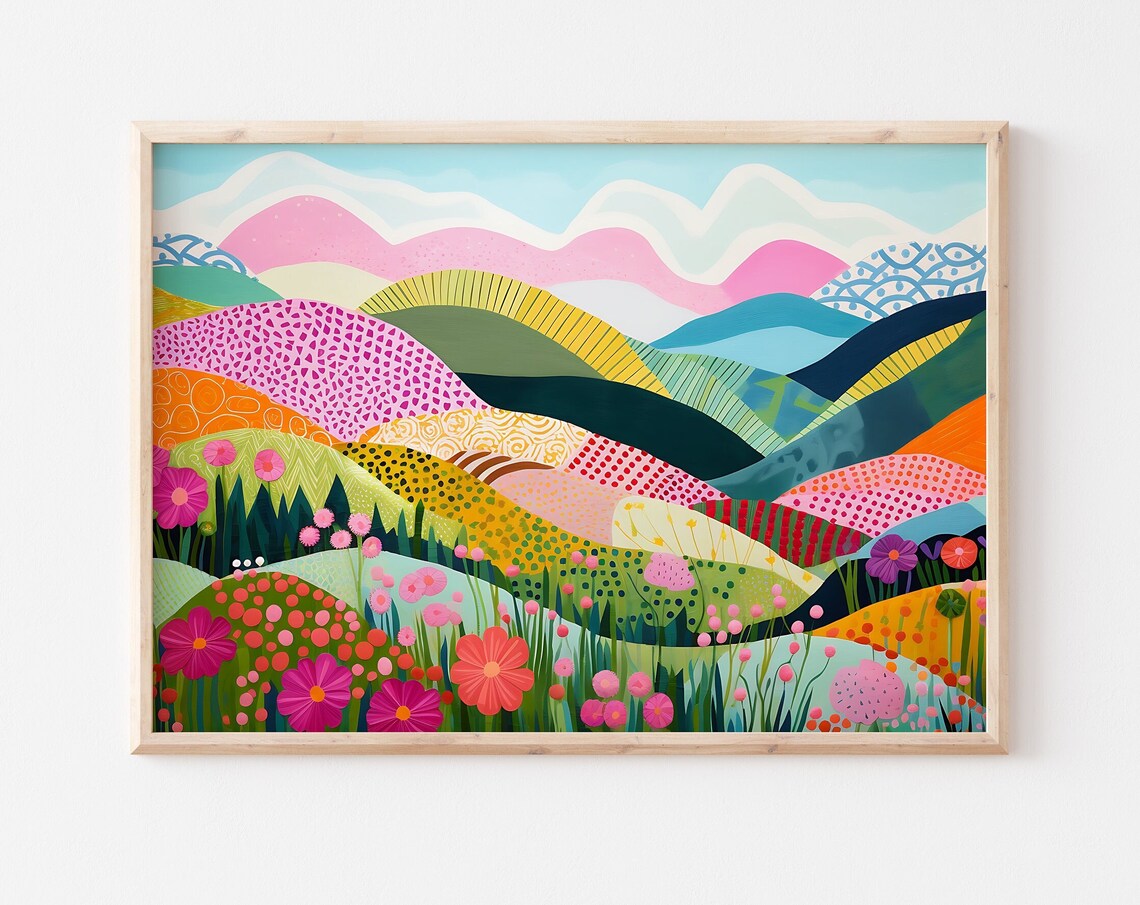 Abstract Horizontal Mountain Art Print, Colorful Patchwork