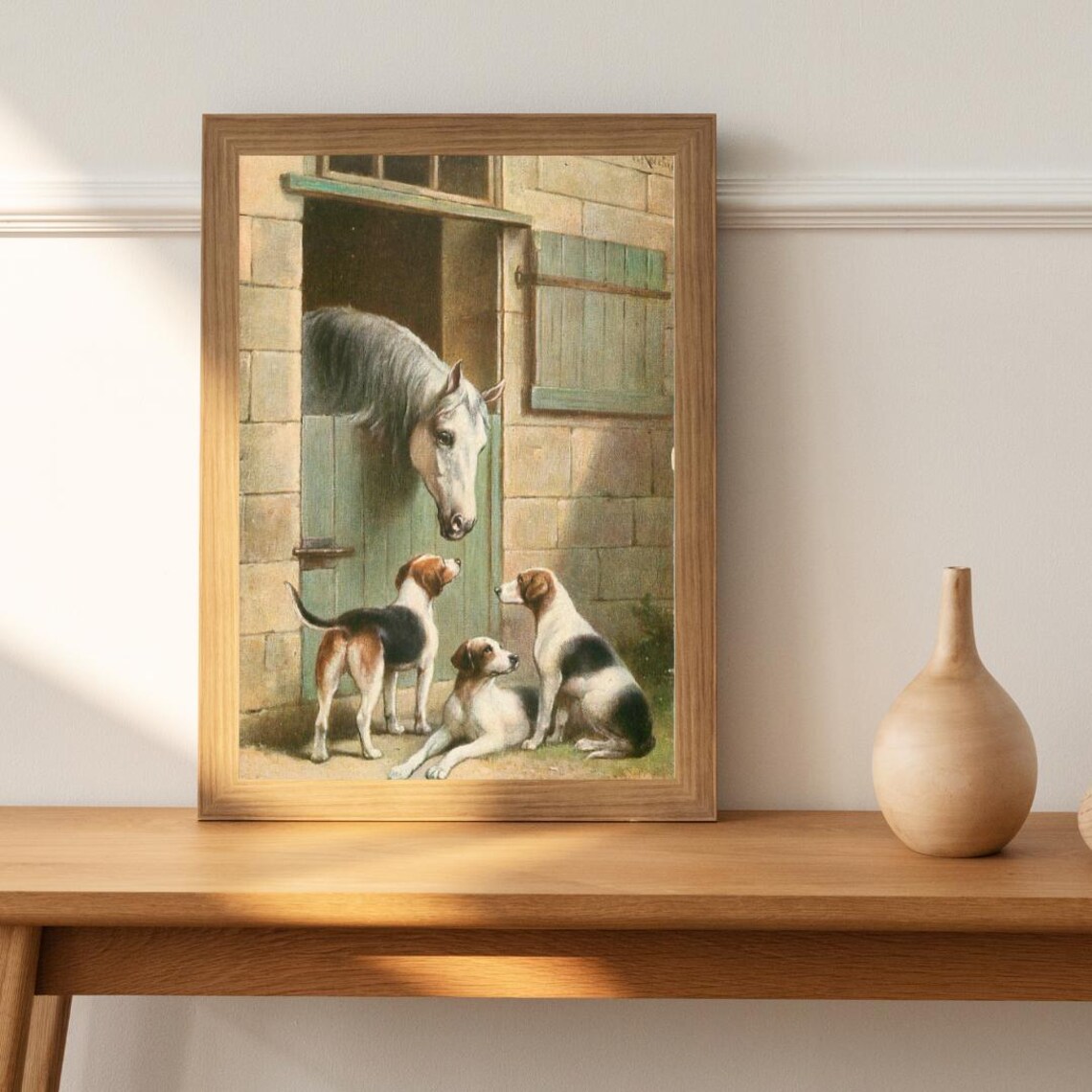 Vintage Horse Greeting Three Hound Dogs at the Stable Door Poster - Image 3