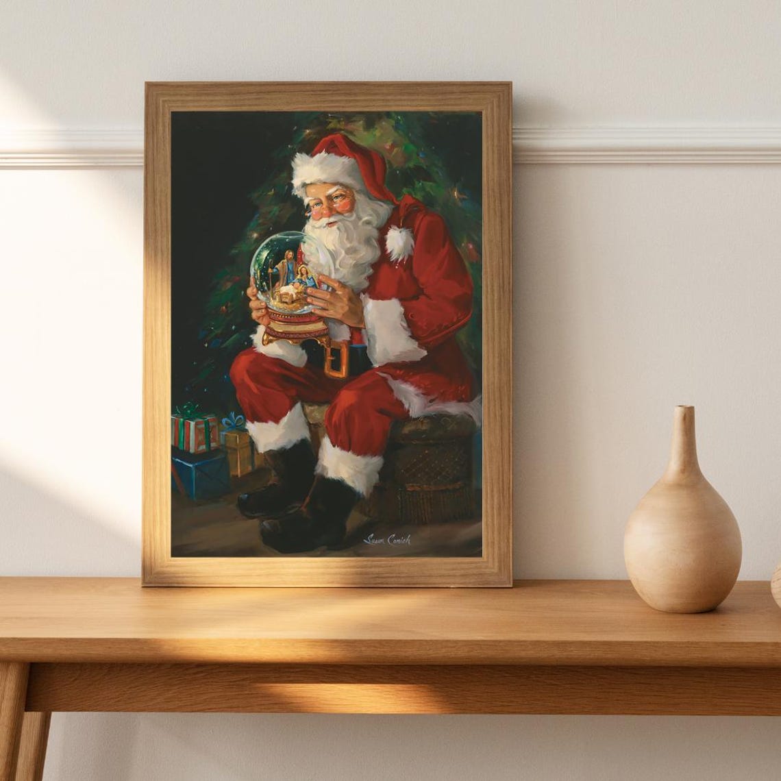 Vintage Santa Claus Holding a Snow Globe Christmas Art Poster - Image 3