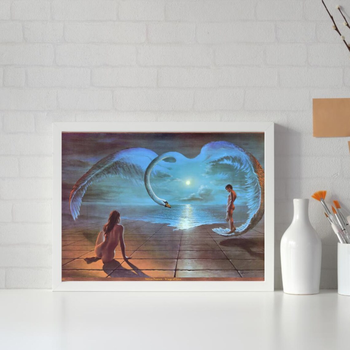Wings of Love Twin Swans Romantic Fantasy Moonlit Art Poster