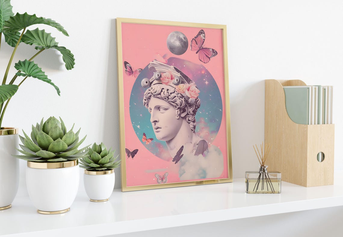Greek Statue Bust With Butterflies And Moon Pink Pop Collage Poster - Image 4