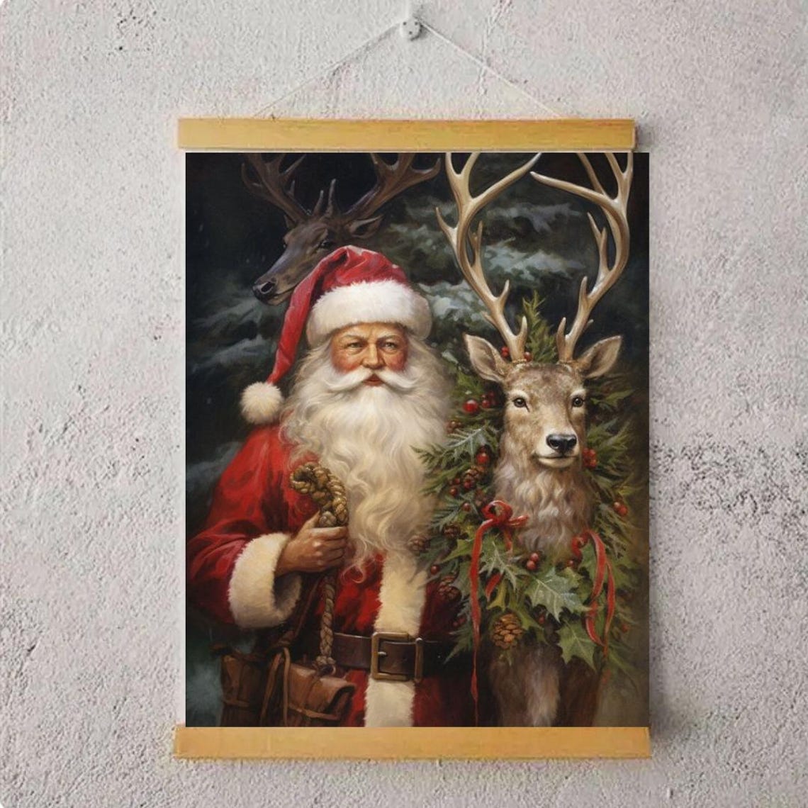 Santa Claus Standing With Two Reindeer in a Snowy Forest Art Poster - Image 4