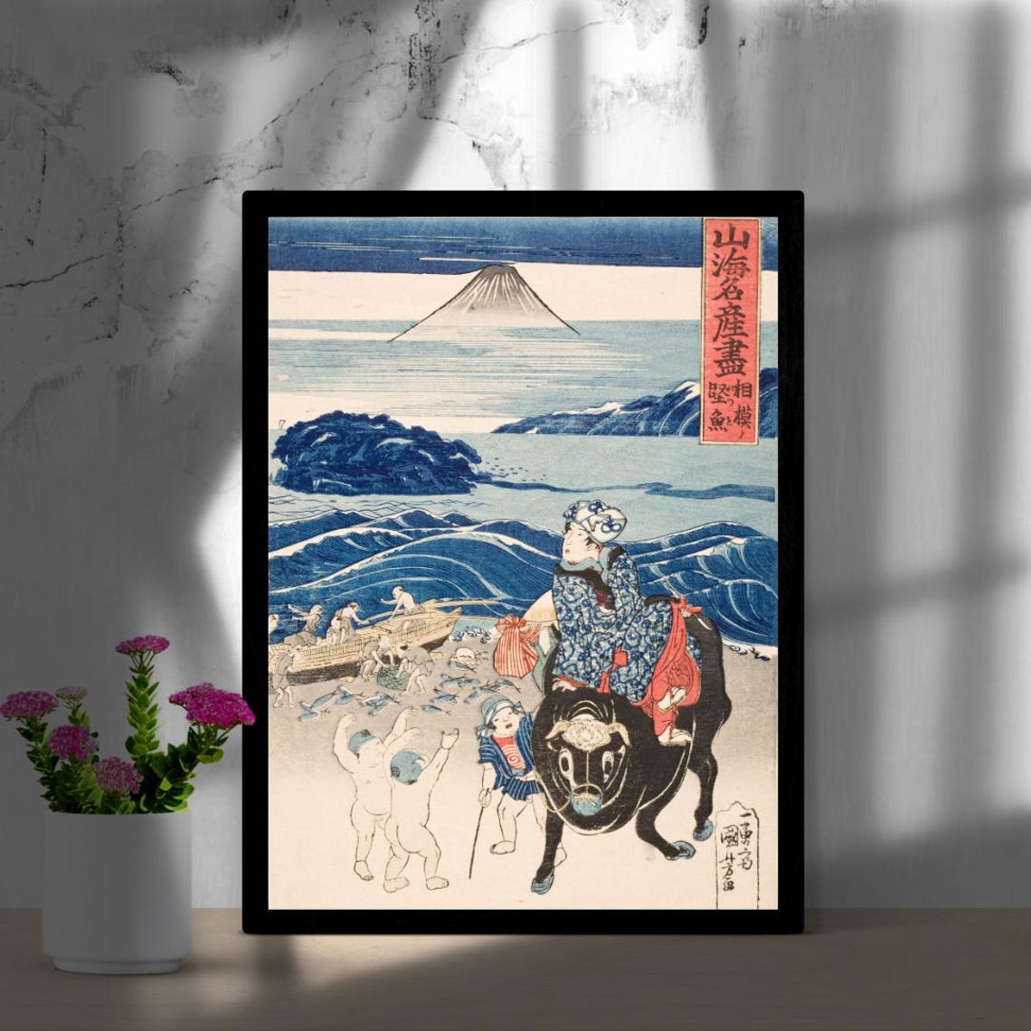 Mount Fuji Beach Scene With Woman Riding an Ox Ukiyo-e Poster - Image 2