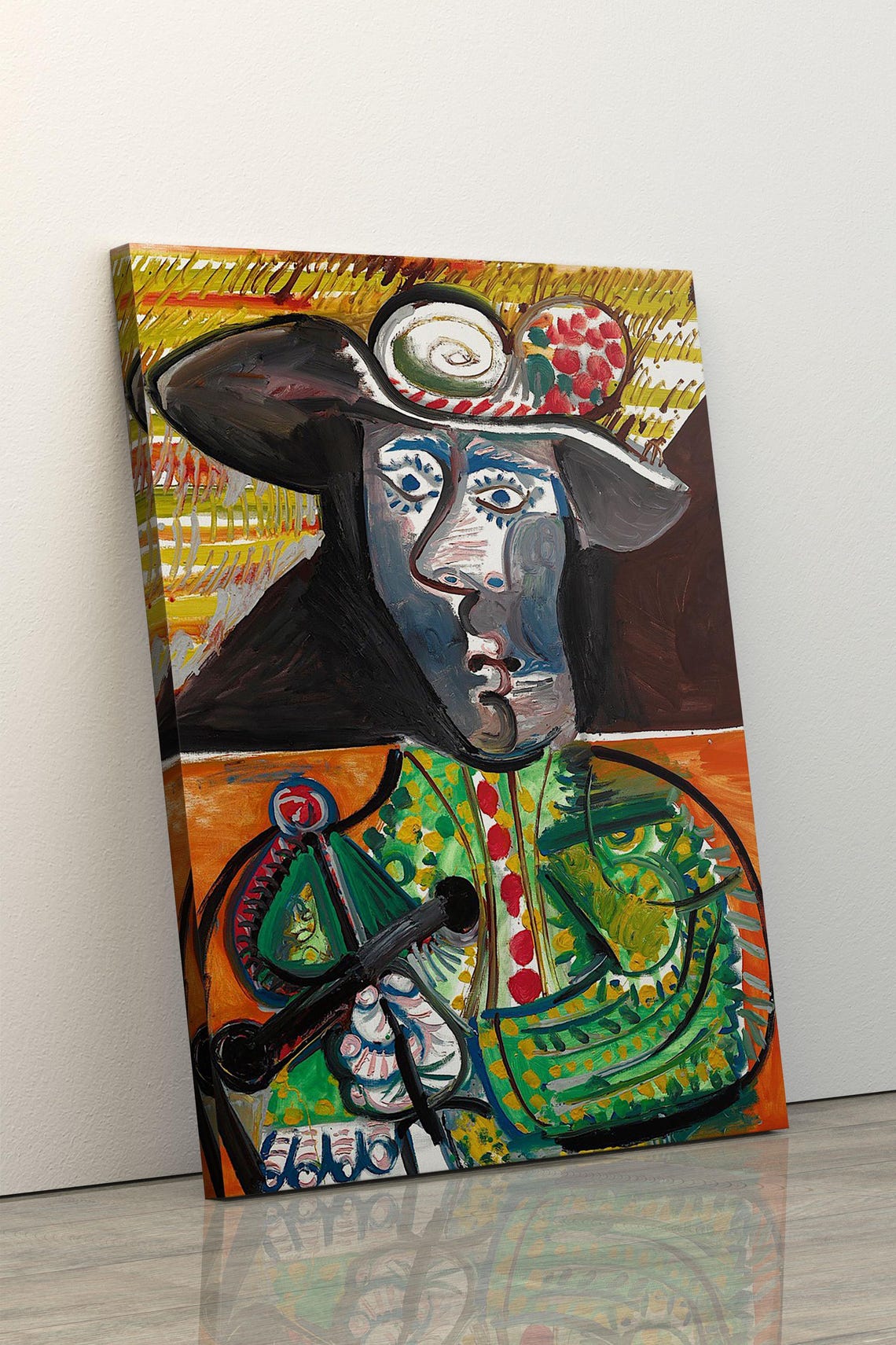 Cubist Musketeer Portrait In Bold Green And Orange Modern Art Poster - Image 5