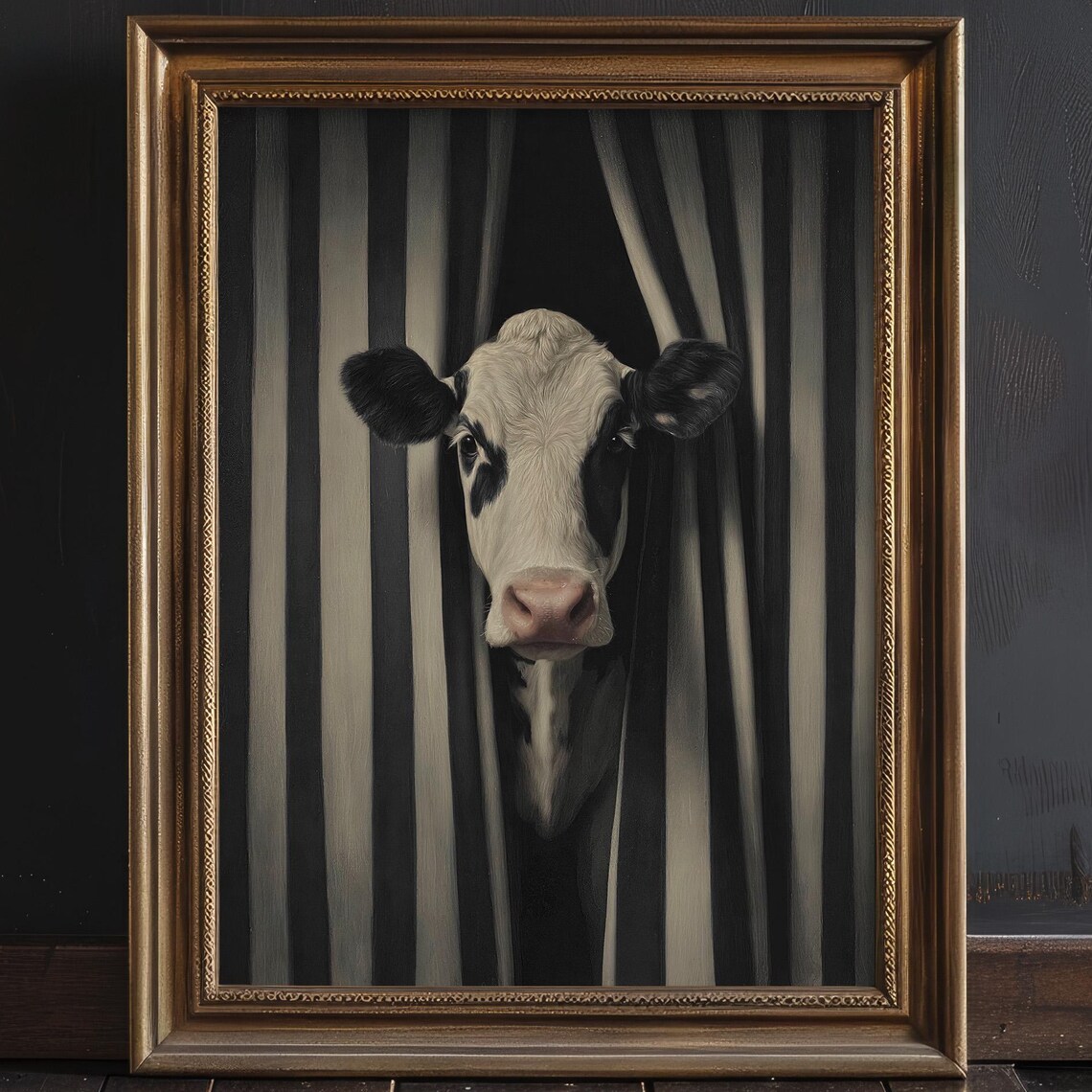 Black White Striped Cow, Moody Animal Art Print