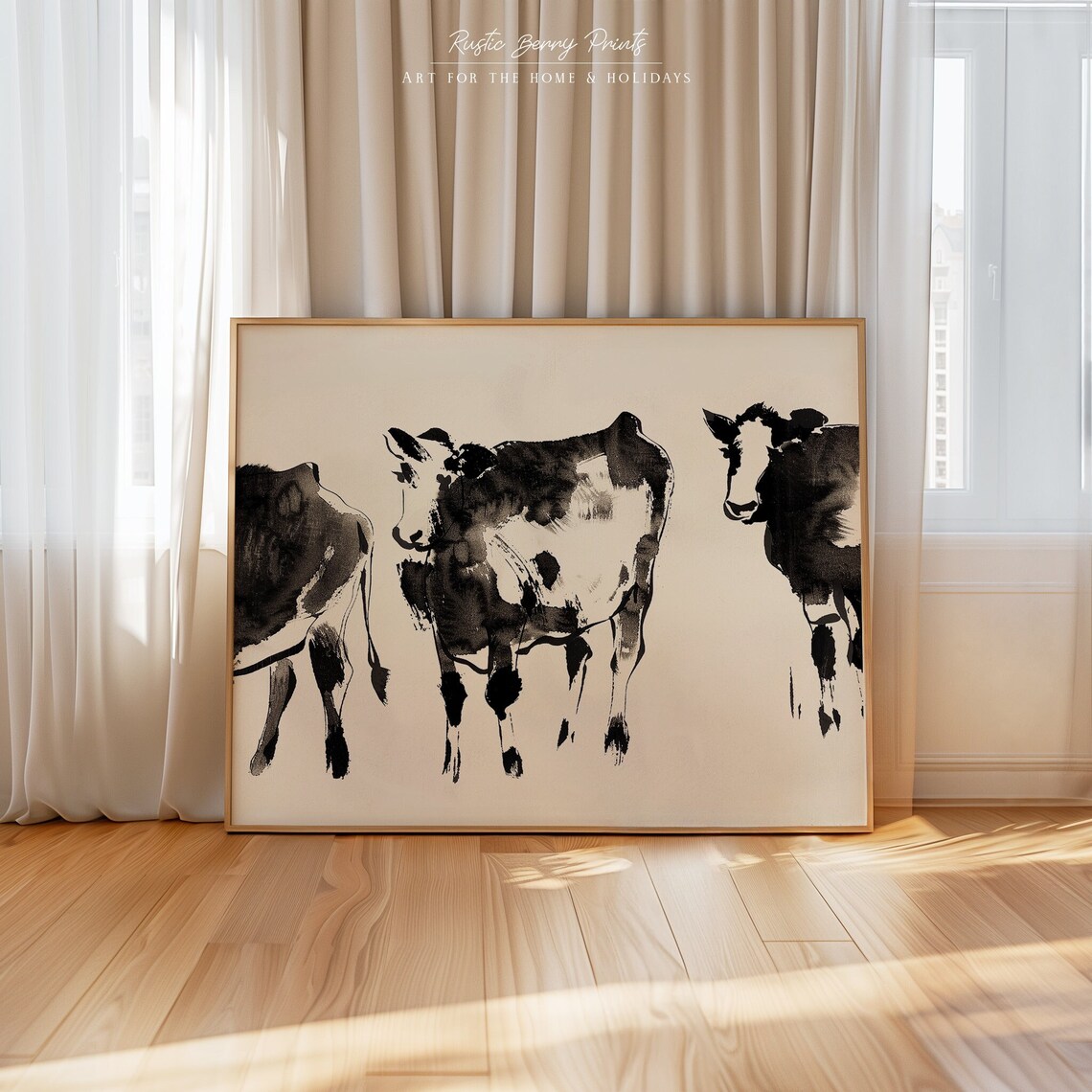 Three Cows Ink Wash Painting Farmhouse Rustic Country Animal Poster