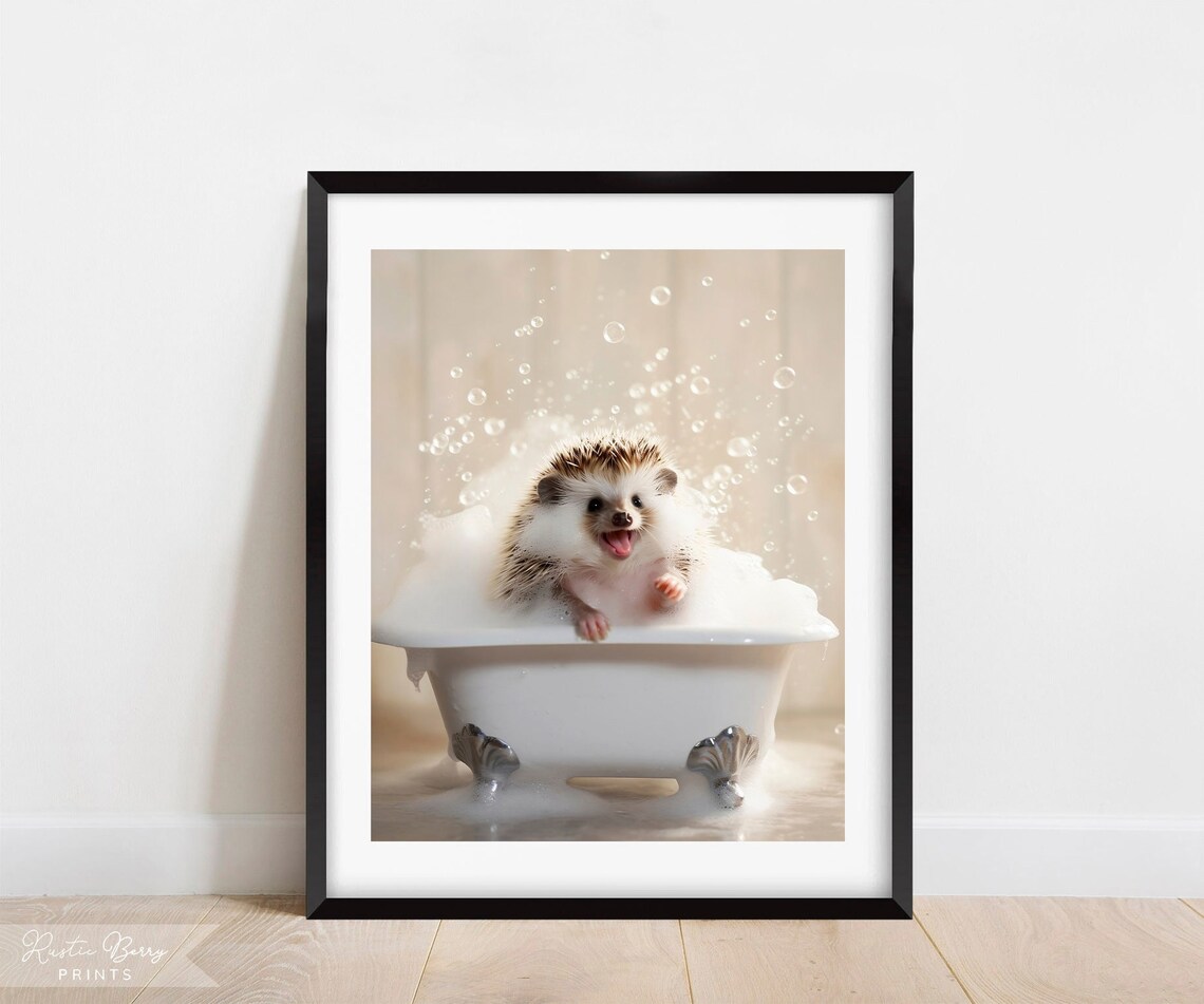 Happy Hedgehog In Bubble Bath Clawfoot Tub Cute Funny Bathroom Wall Art Poster