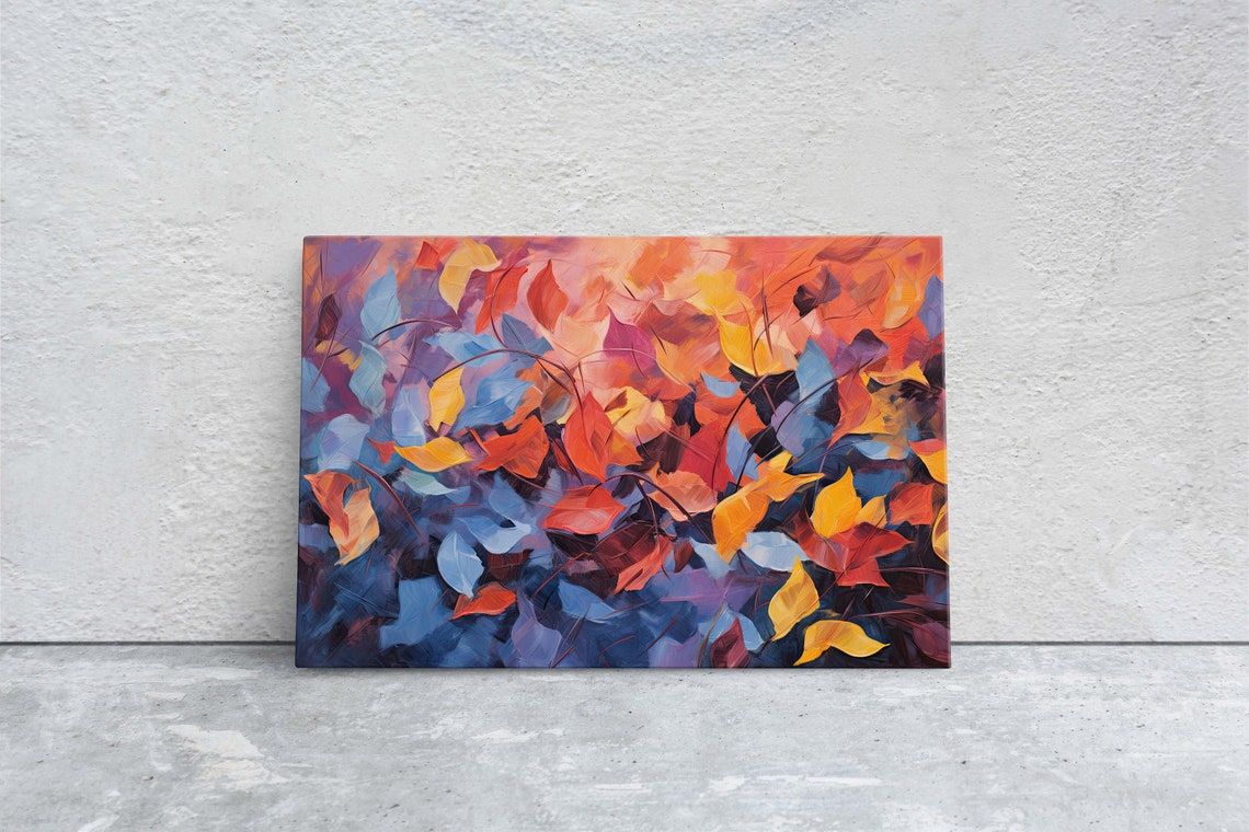 Dramatic Fall Foliage Deep Blue Orange Red Abstract Leaf Art Poster