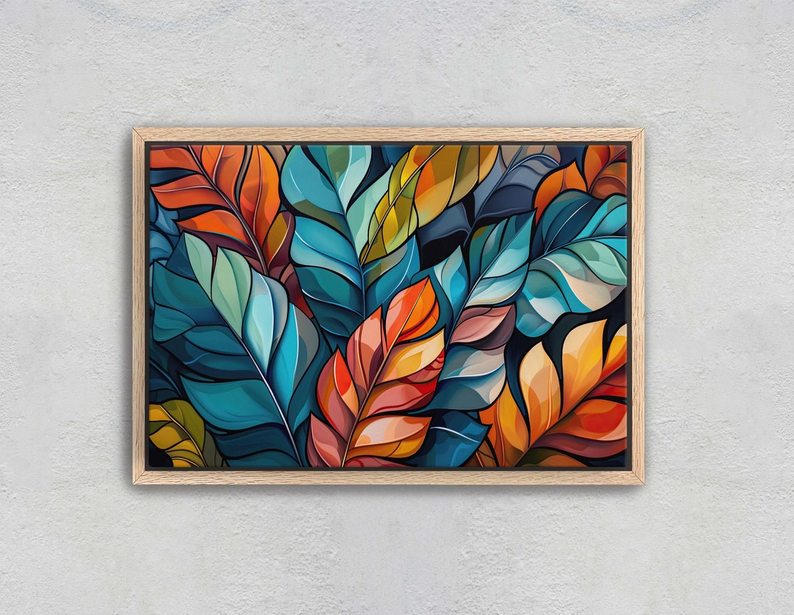 Bold Abstract Tropical Leaves Teal Orange Navy Botanical Art Poster - Image 2