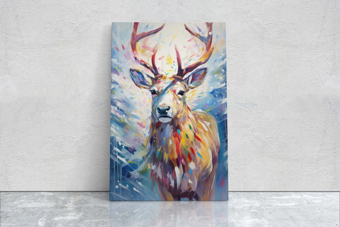 Vibrant Reindeer Portrait Pastel Brushstrokes Winter Animal Art Poster