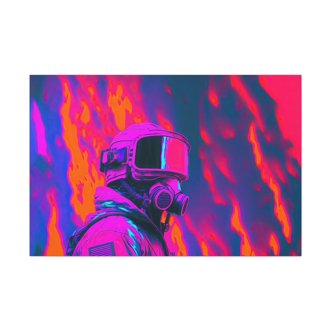 Firefighter Gas Mask Neon Flames Pink Orange Synthwave Portrait Poster