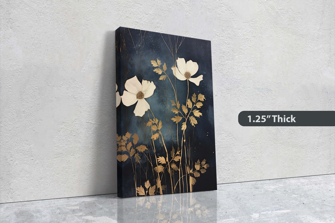 White Anemone Flowers Gold Leaves Dark Indigo Botanical Art Poster - Image 3