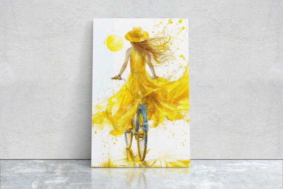 Woman In Yellow Sundress Riding Bicycle Watercolor Summer Art Poster