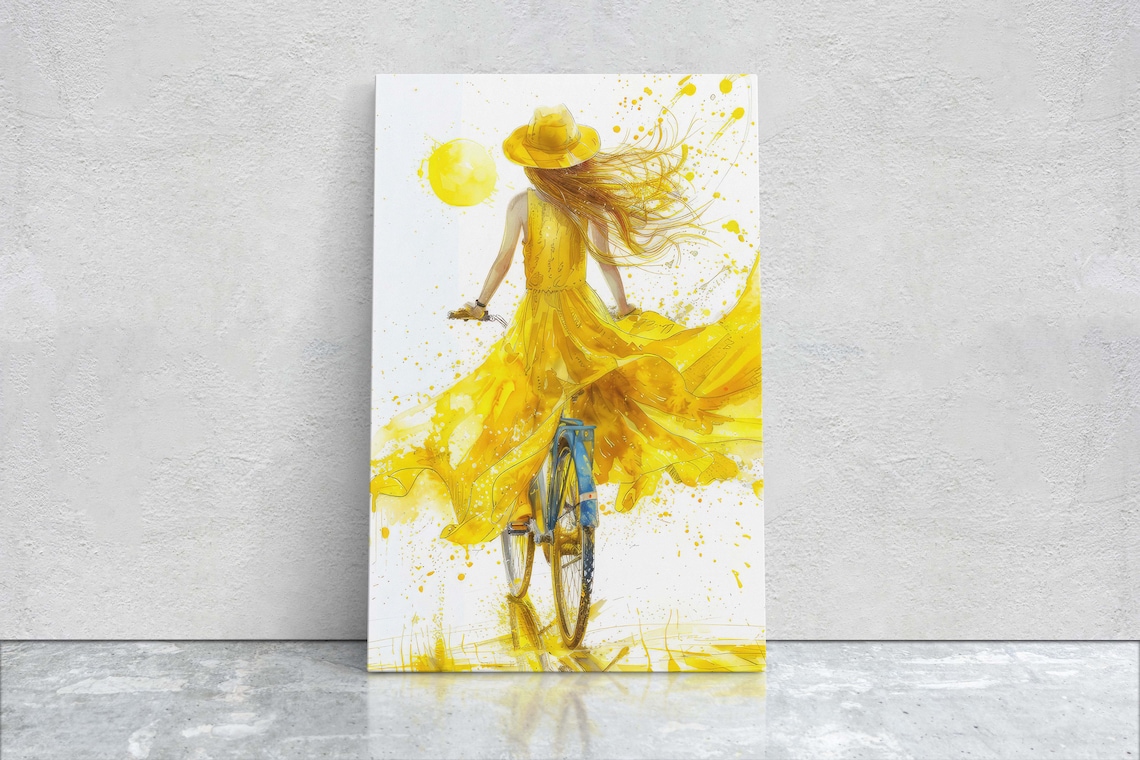 Woman In Yellow Sundress Riding Bicycle Watercolor Summer Art Poster