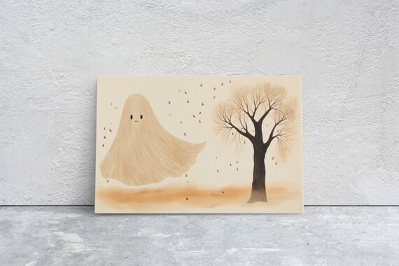 Cute Friendly Ghost Falling Leaves Bare Tree Cream Halloween Art Poster