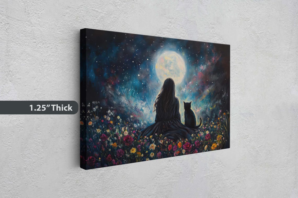 Girl and Black Cat Watching Full Moon in Starry Wildflower Field Print - Image 3