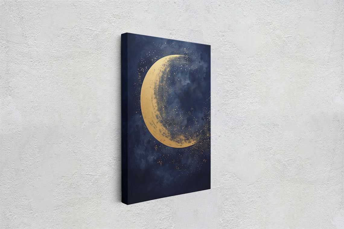 Golden Crescent Moon Deep Indigo Night Sky Stars Celestial Art Poster - Image 2