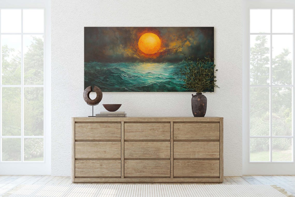 Dark Sunset Orange Sun Green Sea Dark Colors Moody Print - Image 2