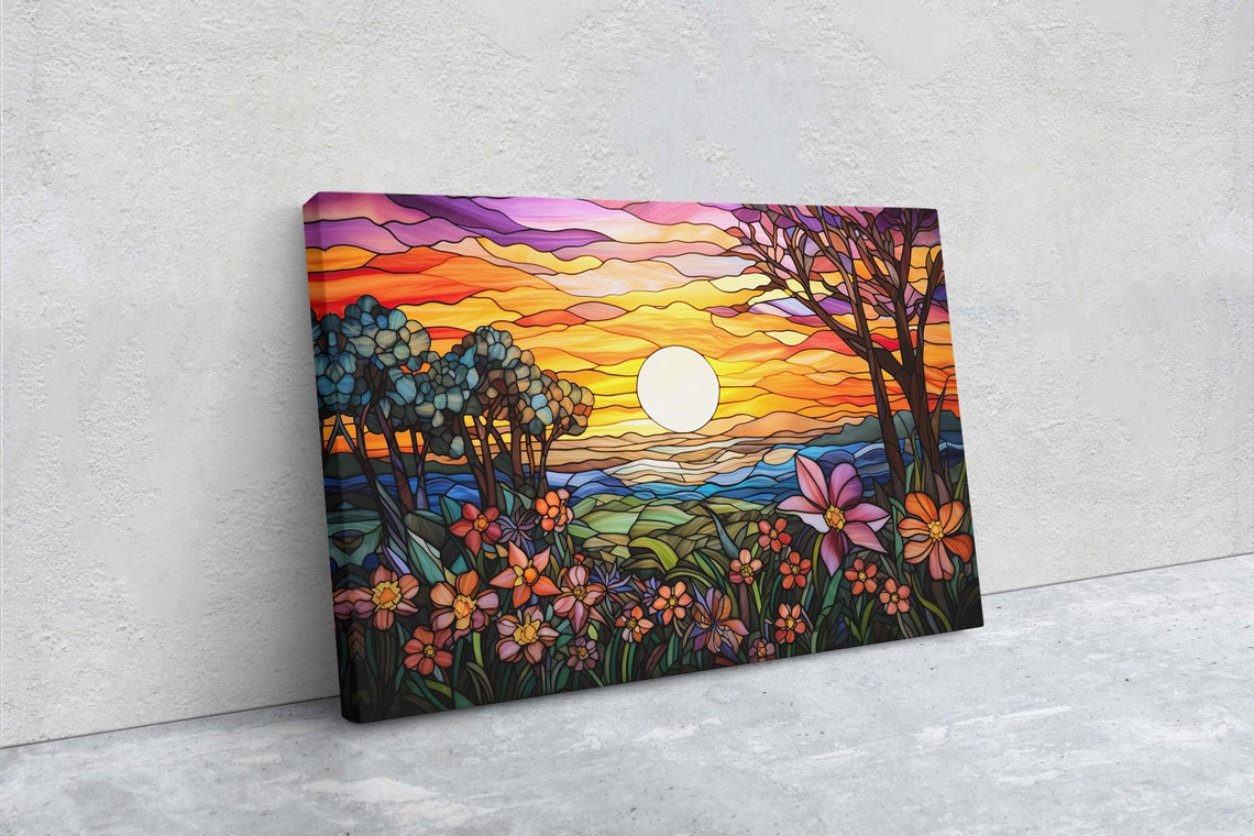 Stained Glass Sunset Wildflower Meadow Field Mountain View Art Print - Image 2