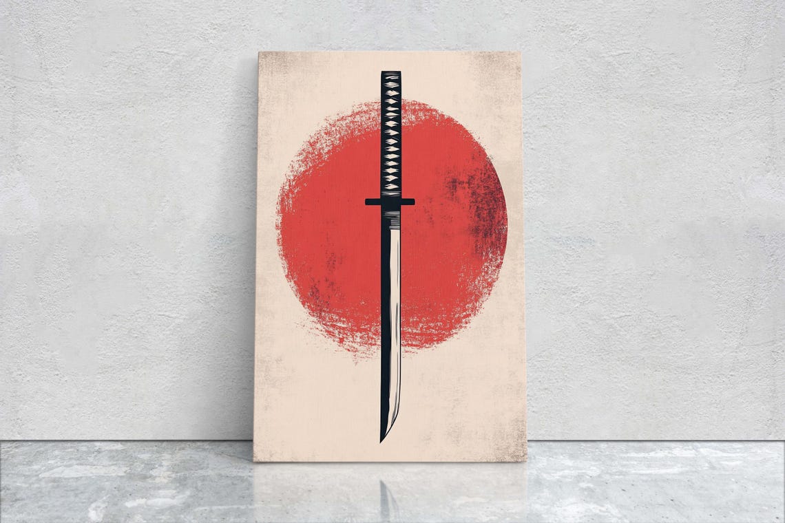 Japanese Katana Sword Over Red Sun Minimalist Japan Art Poster - Image 2