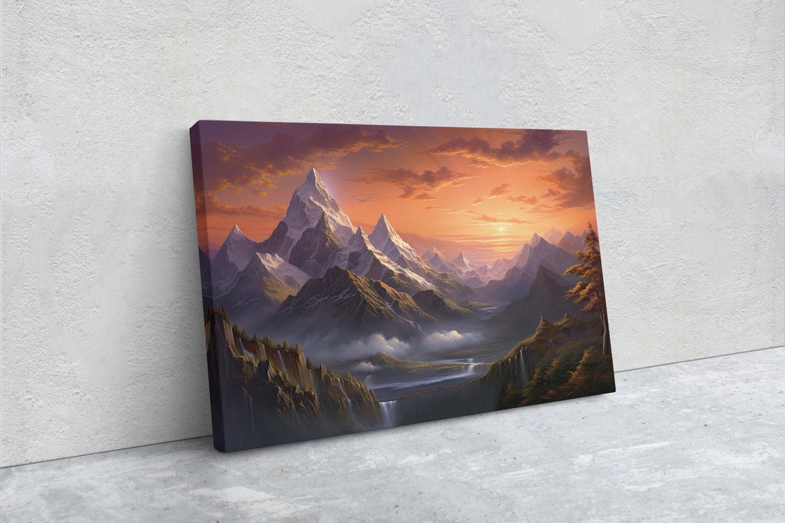 Majestic Snowy Mountain Peaks Sunset Waterfall Valley Art Poster - Image 2