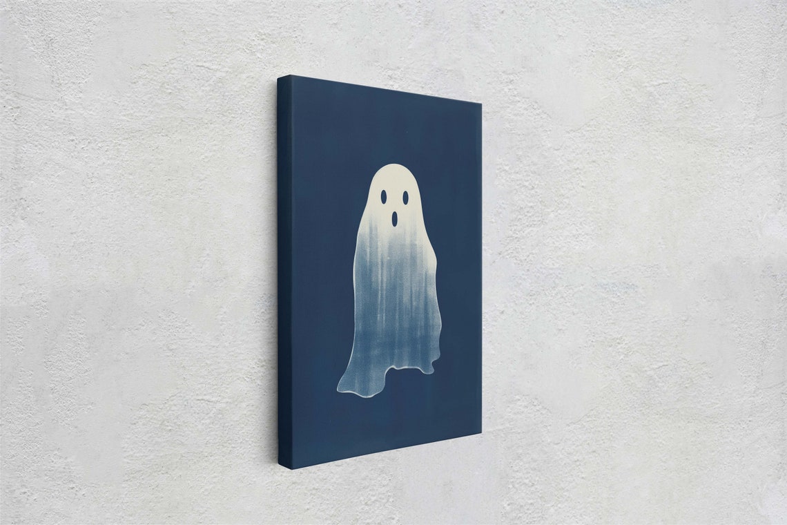 Cute Minimalist Ghost Navy Blue Halloween Spooky Decor Art Poster - Image 2