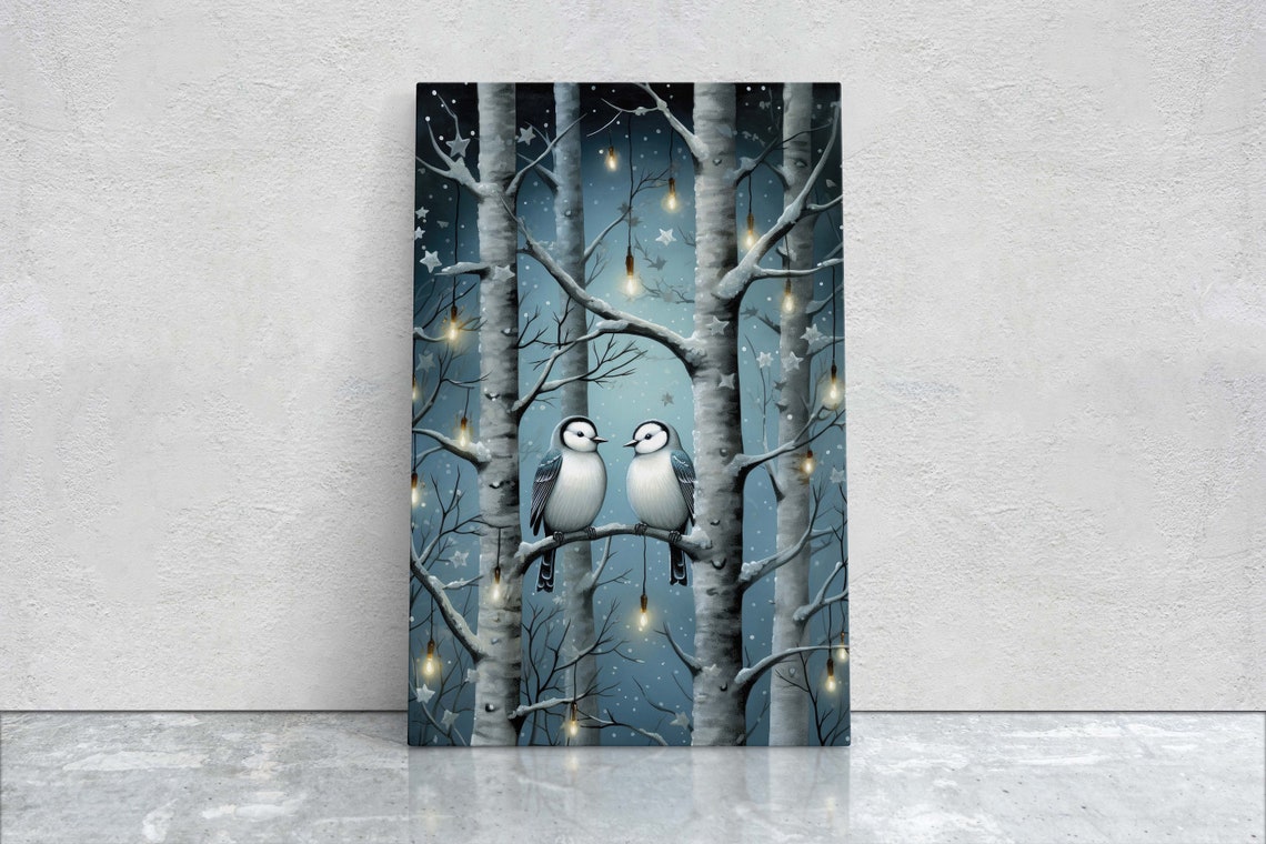 Winter Birds Snowy Birch Forest String Lights Cozy Bird Art Poster