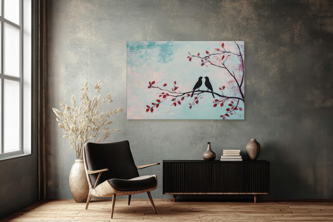 Black Love Birds Silhouette On Red Leaf Branch Pastel Art Poster - Image 2