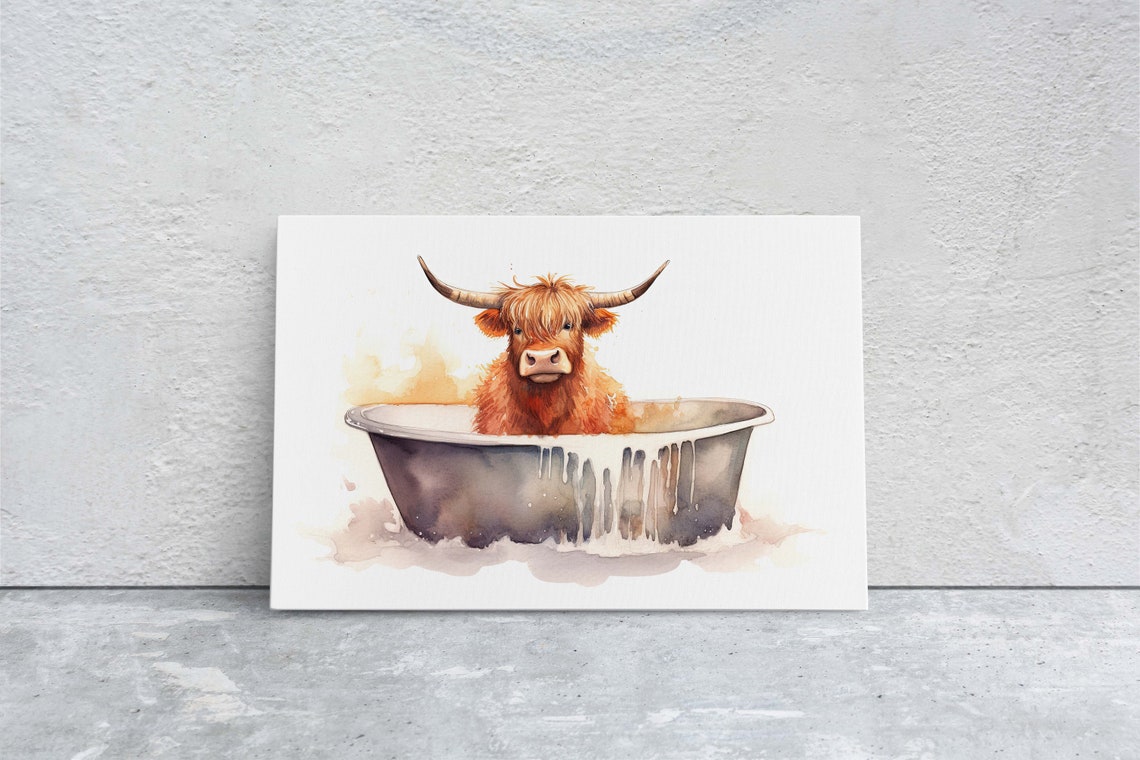 Highland Cow In Bathtub Watercolor Funny Farm Bathroom Wall Art