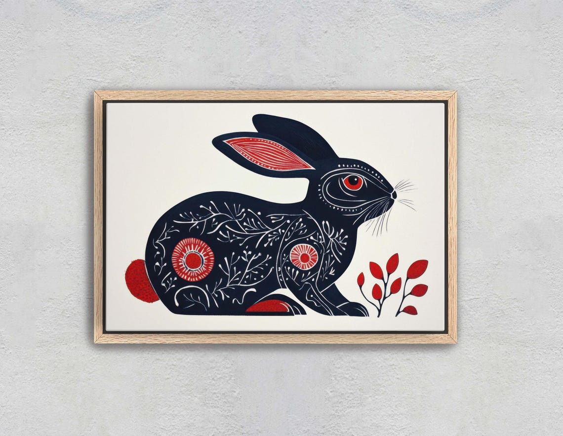Black Folk Art Rabbit Red Floral Pattern Linocut Style Bunny Print - Image 3